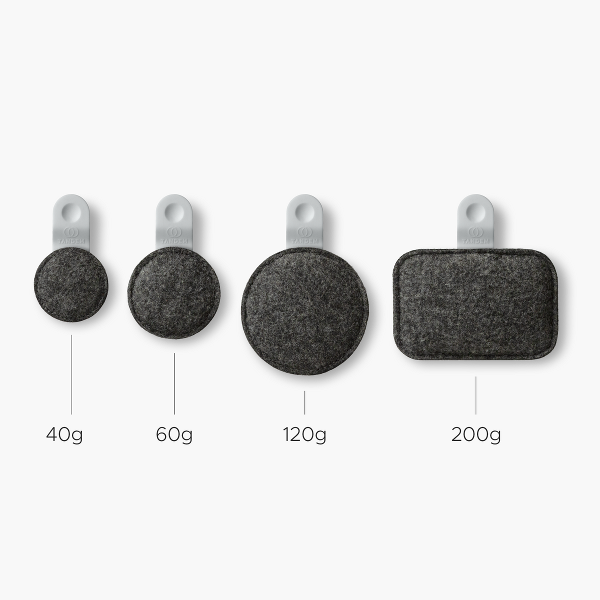 Die vier Drops-Gewichte 40 g, 60 g, 120 g und 200 g nebeneinander